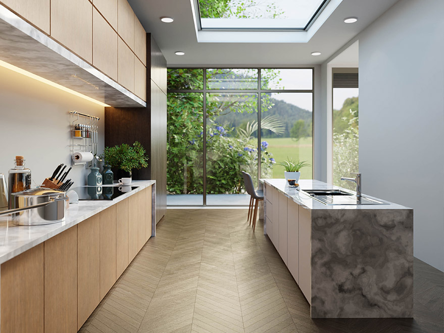 Dapur terbuka minimalis dengan atap transparan